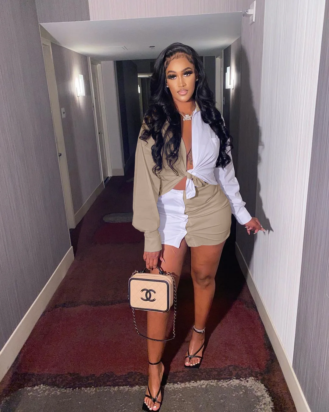 

Women Skirts Sets Color Block Long Sleeve Shirt & Bodycon Skirts