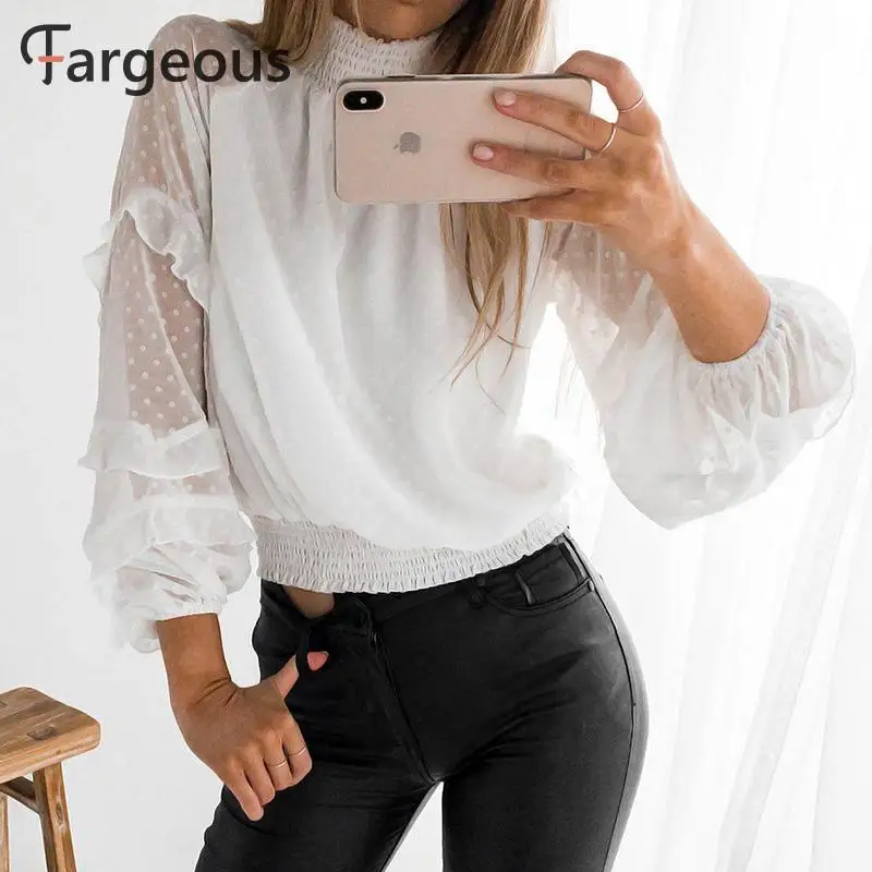 Белая шифоновая рубашка с оборками в горошек женская мода прозрачные топы