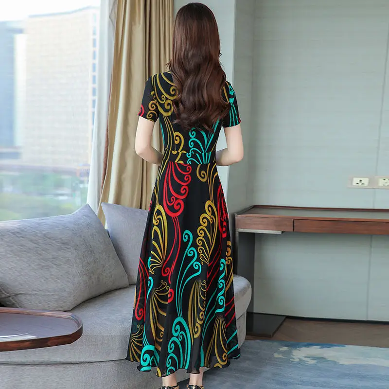 

2020 new elegant slim slimming spring and summer women's dress casual printed flower printing long dress fashion long knee dress