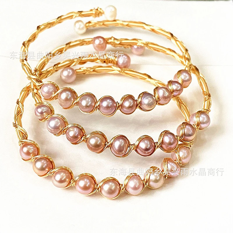 

Graceful Freshwater Natural Pearls Cuff Bracelets White/Purple Pearl Vintage Handmade Copper Strand Golden Wedding Bracelet Gift