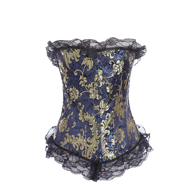 Сексуальная костей кружево корсет Топ Синий золотистого цвета с цветочным