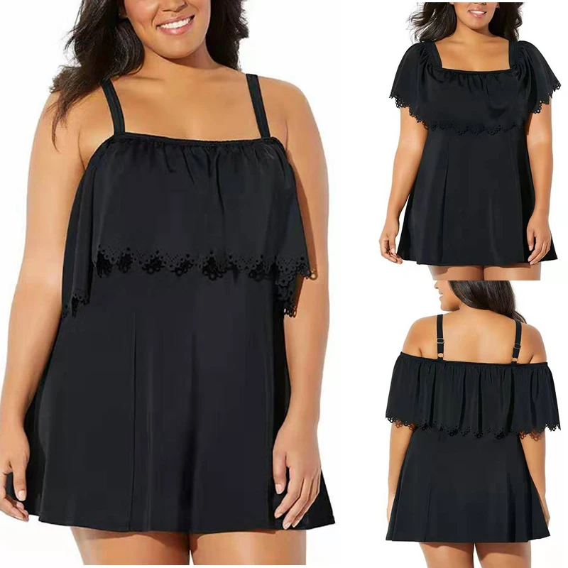 Черный женский купальник большого размера 5XL Танкини с завышенной талией и