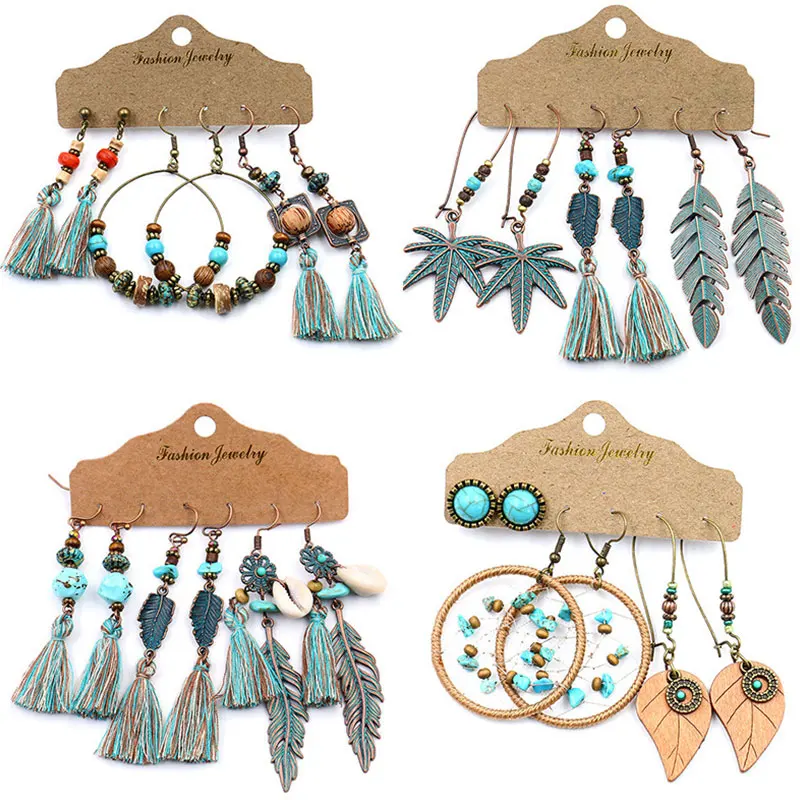 3 шт./лот богемные серьги Женские винтажные с кисточками натуральный камень для