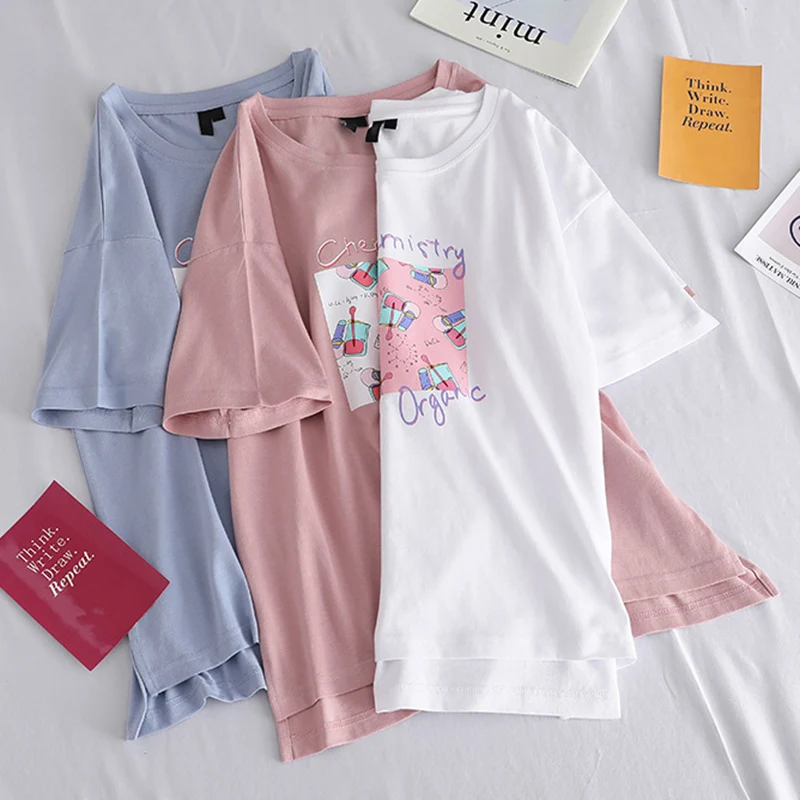 Футболка Hirsionsan женская с принтом букв цветной Свободный Топ круглым вырезом и