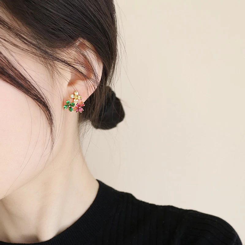 IDESTINY New Multicolor Cubic Zircon Flower Shape Design Ear Piercing Studs Jewlery For Women Gold Color Plated Bijoux Gift | Украшения и