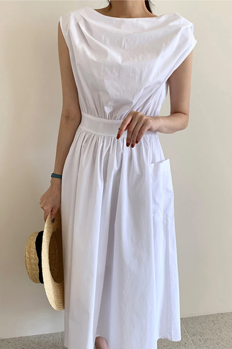 

New Summer Women Simple All-match sleeveless vest Dress high waist ruched slim big pocket solid Dress 2021