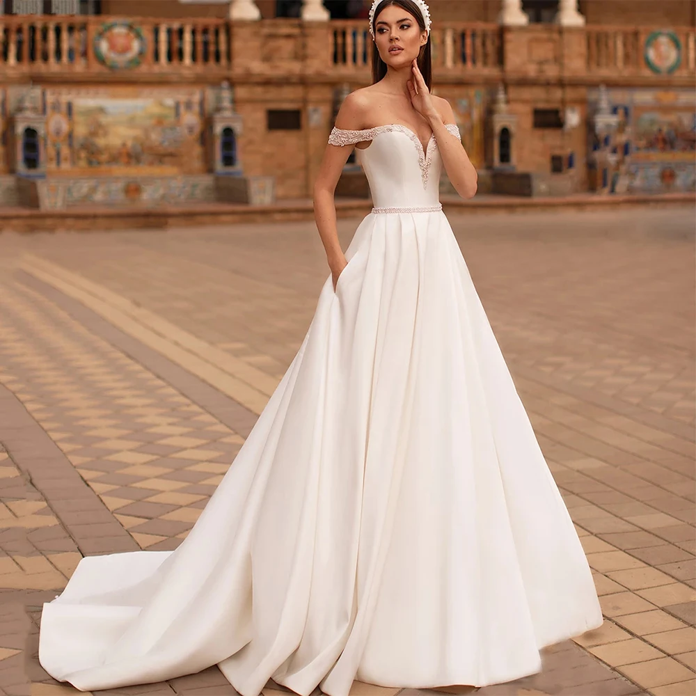

Demure Sweetheart Beading Wedding Dresses Off the Shoulder Pleats A Line Bridal Gowns Custom Made Court Train Vestidos De Novia