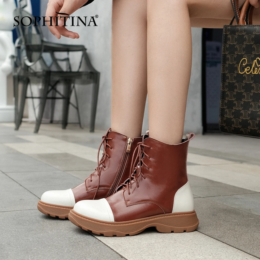Jual SOPHITINA Sepatu Bot Wanita Baru Musim Gugur Sepatu Bot Pergelangan Kaki Datar TPR Renda Cocok Warna Retro High-Top Sepatu Wanita Kulit Asli HO323