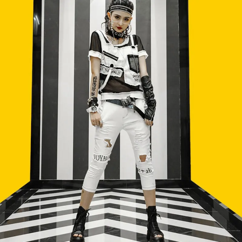 New Fashion Summer Women White Hole Ripped Denim Cotton Two Piece Set Mesh Patchwork Spliced Punk Mid Calf Pants Matching Sets