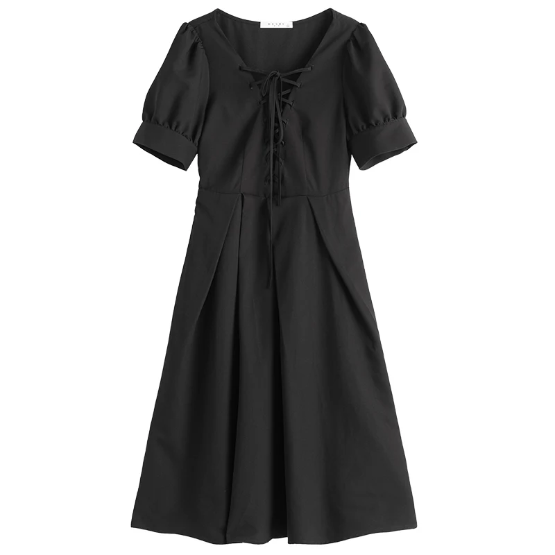 

DUSHU Office Lady Black Long Dress Women Summer 2021 New Casual Loose Square Collar Little Black Dress Boho Dress