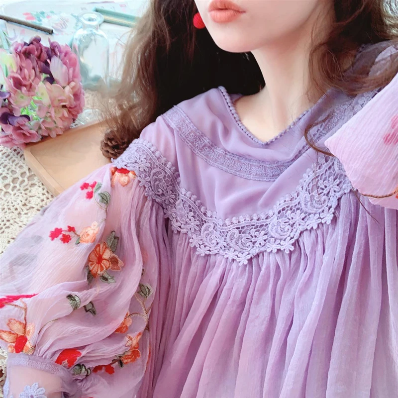 Original Design AIGYPTOS Spring Women Sweet Elegant Purple Blouses Ladies Vintage Embroidery Lantern Sleeve Lace Chiffon Shirts | Женская