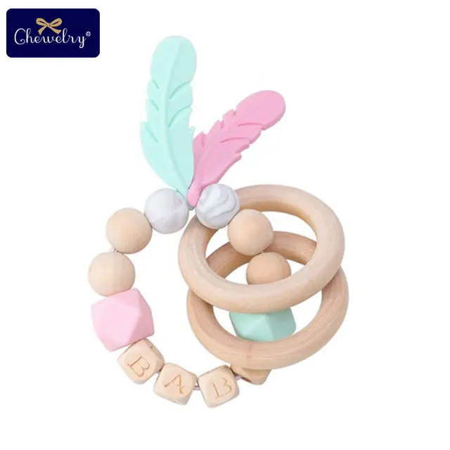 19CP0104 1 шт. детские игрушки Силиконовый браслет с перьями бука деревянные Прорезыватели для зубов DIY Детские Настраиваемые имя деревянные погремушки Прорезыватели грызунов - Цвет: 19CP0104