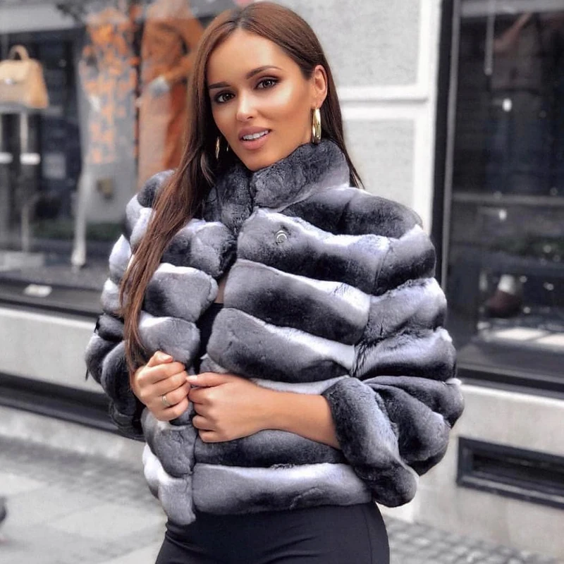 High Quality Real Fur Coat 2022 New Winter Whole Skin Genuine Chinchilla Color Rex Rabbit Fur Jacket Stand Collar Luxury Outwear