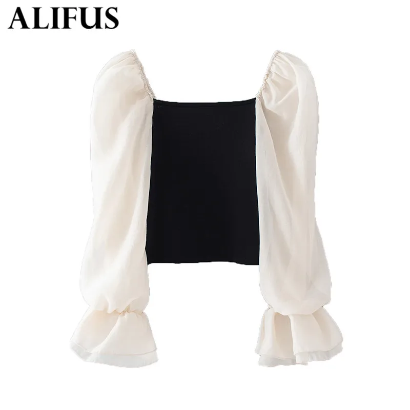 

Fashion Women's Shirt 2020 Stylish Autumn Casual Patchwork Shirts Blouses Square Collar Loose Ladies Fliare Sleeve Blusas Tops