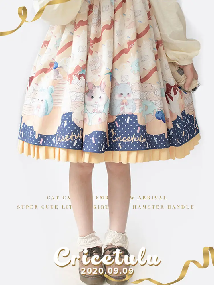 

Autumn Sweet Jsk Lolita Dress Women Cute Cartoon Hamster Print Sleeveless Dress Cute Girl Ruffles Embroidery Princess Dresses