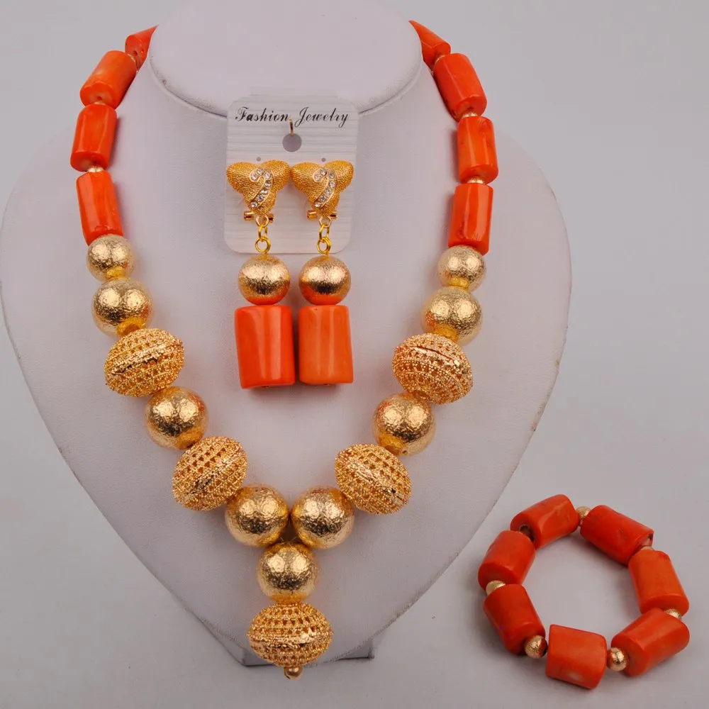 

Orange Amazing African Beads Jewelry Sets Coral Necklace Set Wedding Nigerian Bridal 3 Pics Sets Free Shipping 2021 Gold