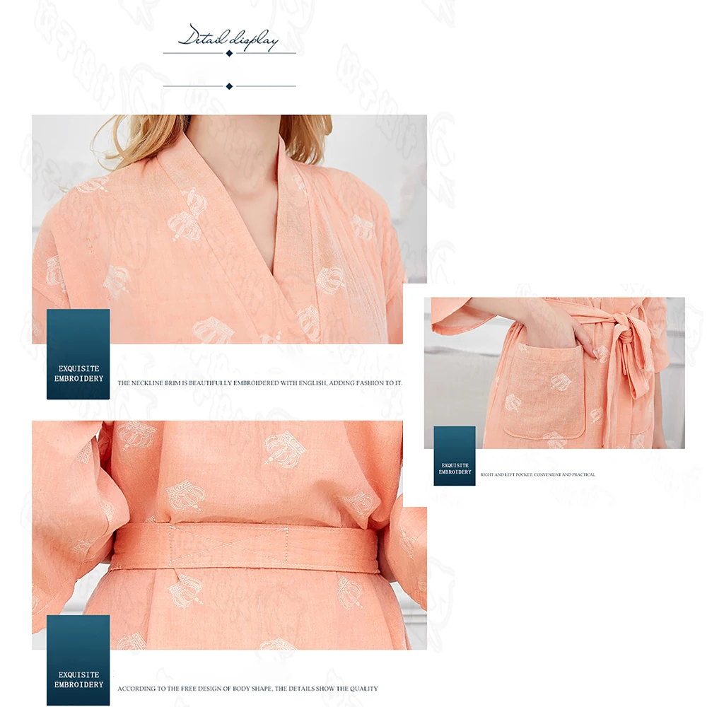 Spring Summer 100% Cotton Women Robe Double Gauze Kimono Breathable Absorbent Fashion Crown Print Night Dress Cosmetic Bathrobe