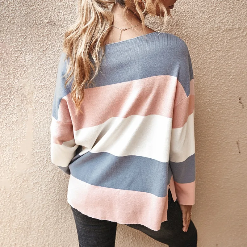 

New Arrivals Autumn Ladies Fashion Casual Round Neck Striped Color Block Tops Sweater Soft And Comfortable