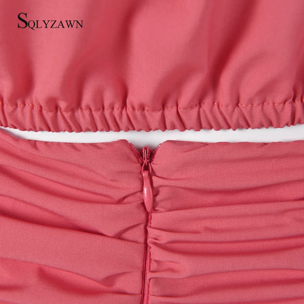 

2020 Bodycon Spring Dress Women Two Piece Set Puff Sleeve Crop Top High Waist Fold Mini Dress Elegant Pleated Sexy Mini Vestidos