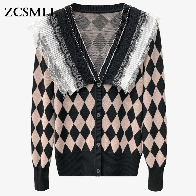 

ZCSMLL Lace Plaid Knitting Cardigan Sweater Loose Fit V-Neck Long Sleeve Women New Fashion Tide Autumn Winter 2021 TH1005