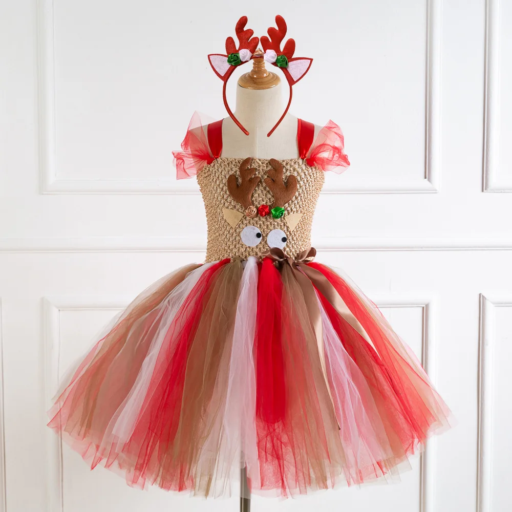 

Fancy Kids Christmas Clothes Girls Deer Dress Birthday Elf Dress Reindeer Bambi Tutu Dress for Children