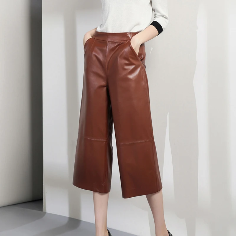 

2020 Women Wide Leg Pants Genuine Loose Brown Luxury 100% Sheepskin High Waist Real Leather Trousers Ladies Streetwear