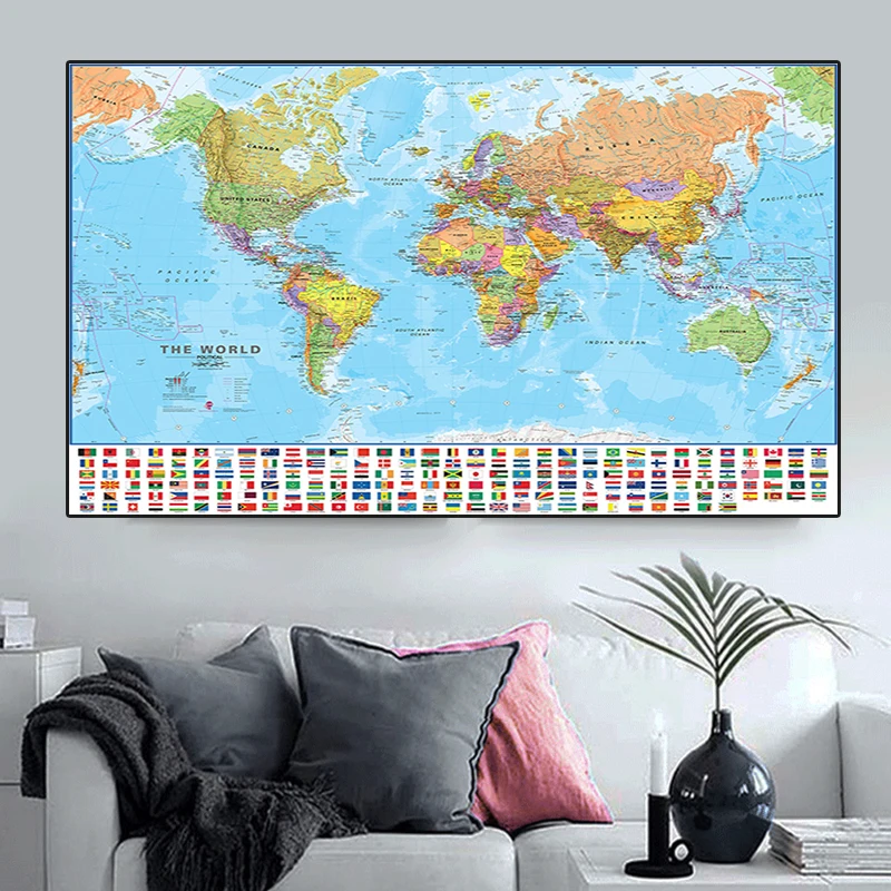 225*150cm The World Political Map with National Flags Non-woven Canvas Painting Large Poster School Supplies Home Decoration