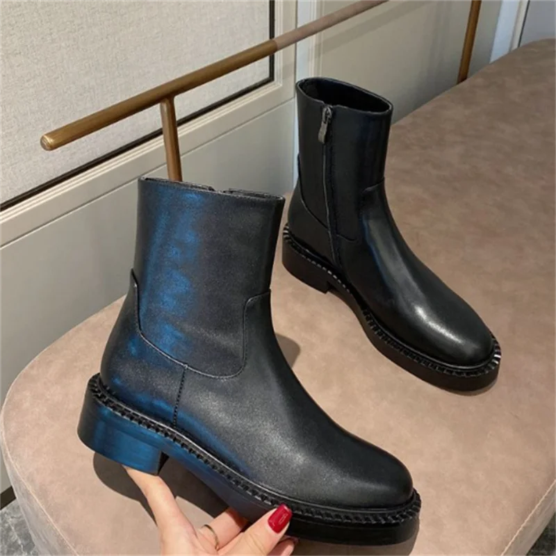 

Motorcycle Women Boots Ankle Female Shoes Solid Botas De Mujer Black Leather Boots High Quality Luxury Brand Bottine Femme