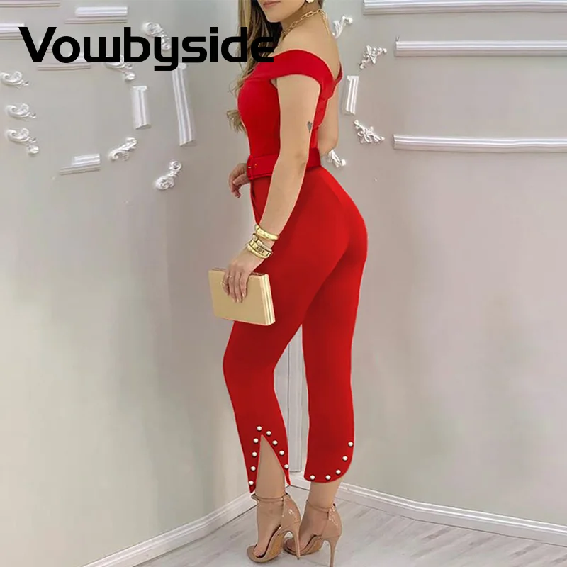 

Sexy Off Shoulder Beaded Slit Jumpsuit Women Short Sleeve Skinny One Piece Jumpersuits