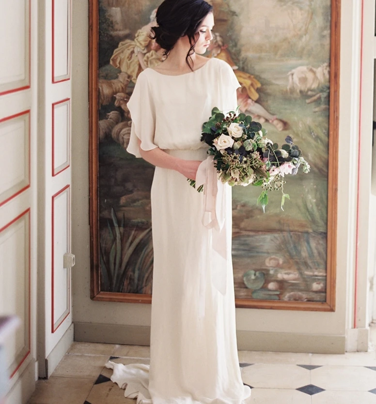 Шикарное пляжное свадебное платье модель 2020 года шифоновое трапеция с рукавом