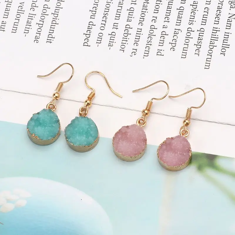 Женские серьги подвески Druzy Камень крючок круглые из натурального кварца