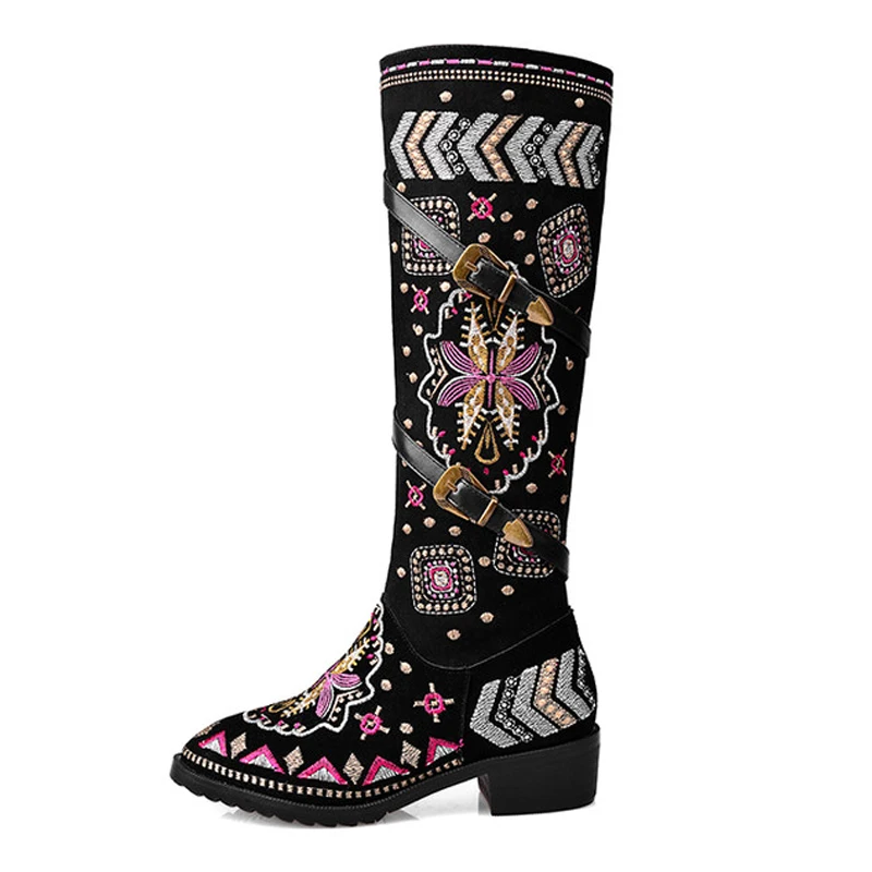 

Natural Nubuck leather Women's Boots Autumn 2021 New Embroidery Ethnic Style Knight Boots Women Shoes Black Plus Size 34-46