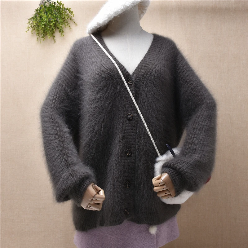 

ladies women fashion hairy fluffy mink cashmere knitted deep v-neck long sleeves oversized cardigans angora fur jacket coat pull