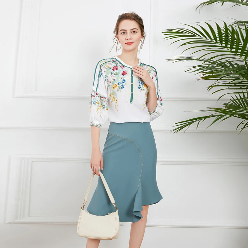 

High Quality Summer New Sets Flower Print Patchwork Tops And Lrregular Beading Skirts Office Casual Elegant Women Two-Piece Suit