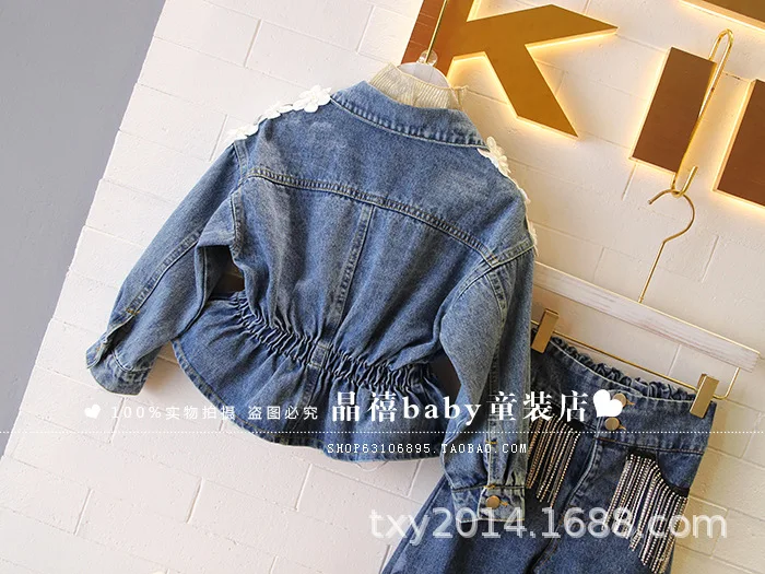 2019 autumn and winter clothing new girl heavy work rhinestone tassel decoration waist denim jacket girls coat | Детская одежда и