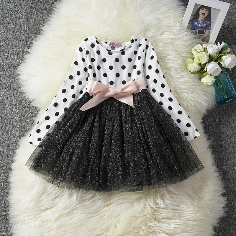 Детские платья в горошек с длинными рукавами для девочек Одежда маленьких