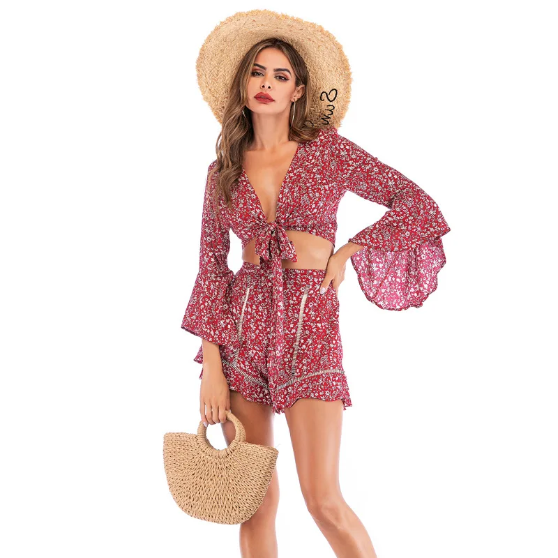 

Summer New Tops Women Long-sleeved Blouses Floral Sexy Strapless Chiffon Shirt Beach Vacation Shorts Female Casual Dress Suits