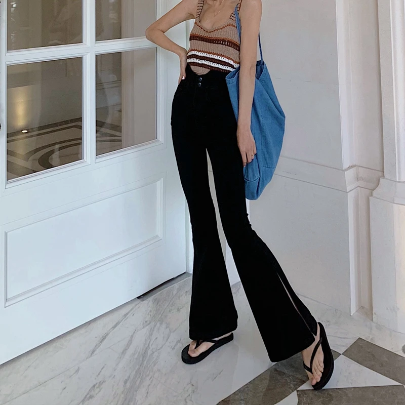 black Jeans Women RICININA/расклешенные брюки, женские джинсы, деним, на молнии, с пуговицами, с разрезом, обтягивающие женские брюки, джинсы с высокой талией, повседневные джинсы, Femme, уличная одежда - Цвет: black Jeans Women