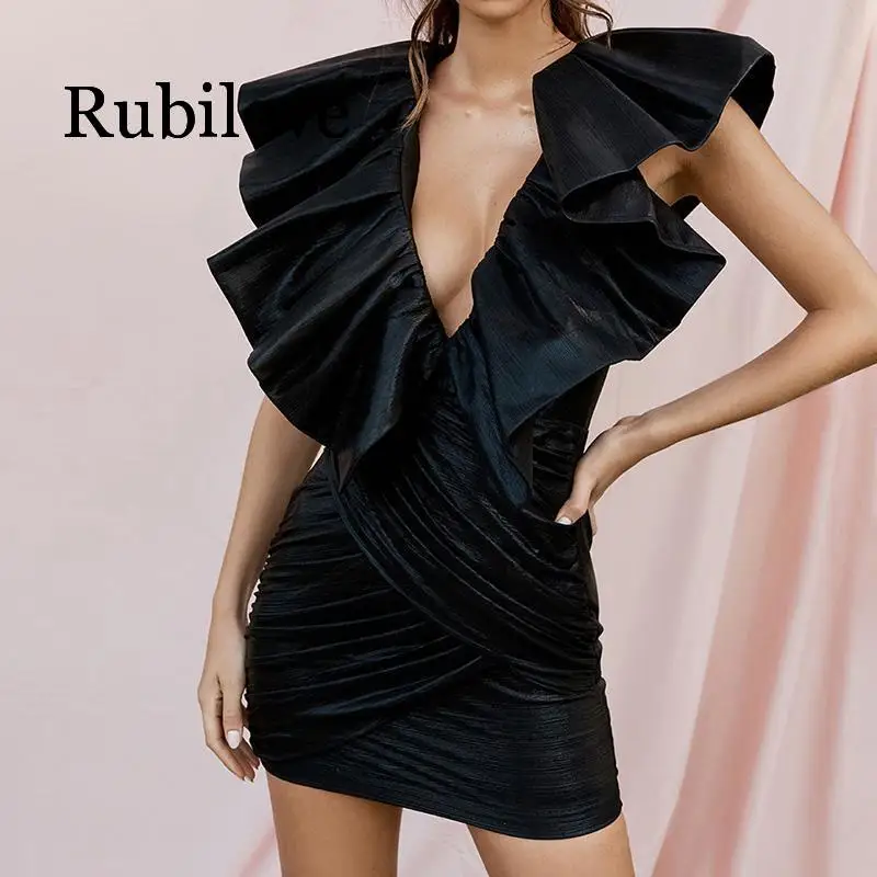 

Rubilove 2019, летнее женское платье для вечеринки, глубокий v-образный вырез, сексуальное облегающее Черное мини-платье с оборками