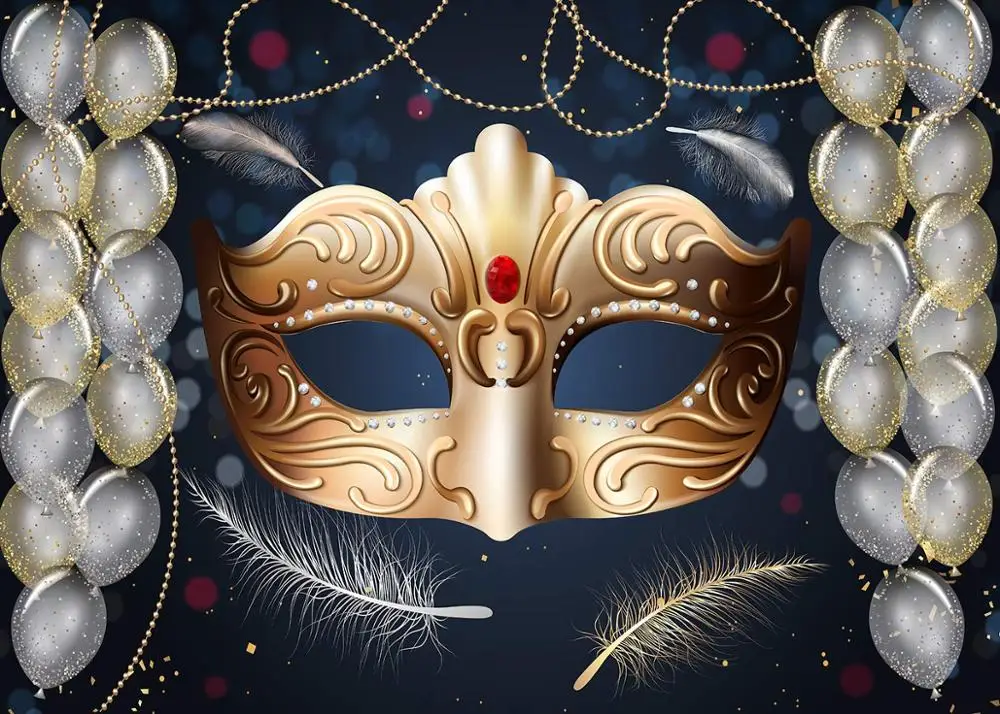 

Masquerade Photography Backdrops Golden Mask Gold and silver balloons Stage Photo Background for Birthday Party