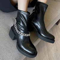 2021 winter women boots thick heel mid heel shoes women elegant fashion black round head pu leather solid color metal decoration