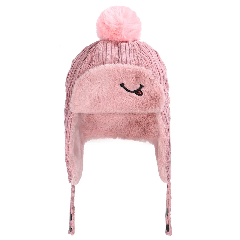 Pink Зимняя детская шапка пилота авиатора, милые наушники, шапочки для детей, для мальчиков и девочек, теплая шапка с ушками для защиты ушей, детские шапки из плотного бархата - Цвет: Pink