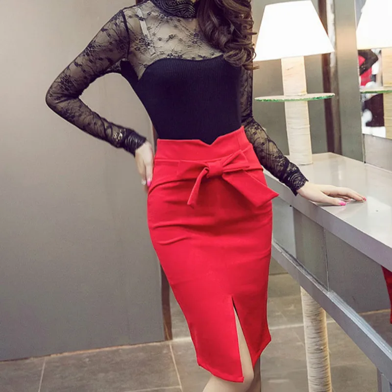 

2021 New Autumn and Winter Women's Office Skirts High Waist Slim Mid-length Women's Professional Wear Elegant Skirt Red