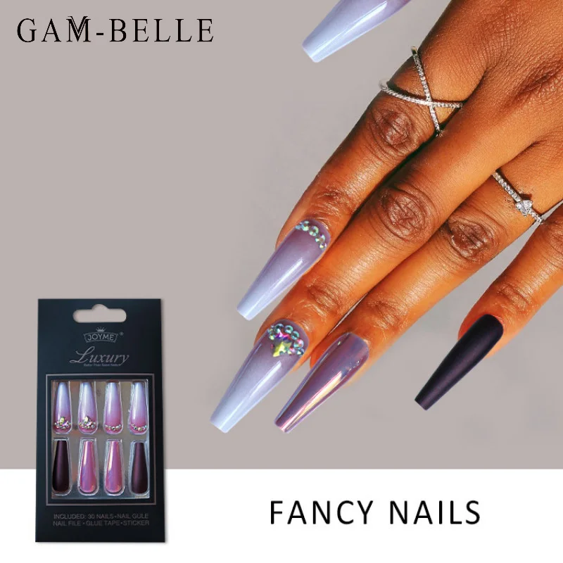 

GAM-BELLE 30Pcs Shining Glitter Fake Nails with 3D Rhinestones French Gradient Designs Long Coffin Artificial Press On Nails