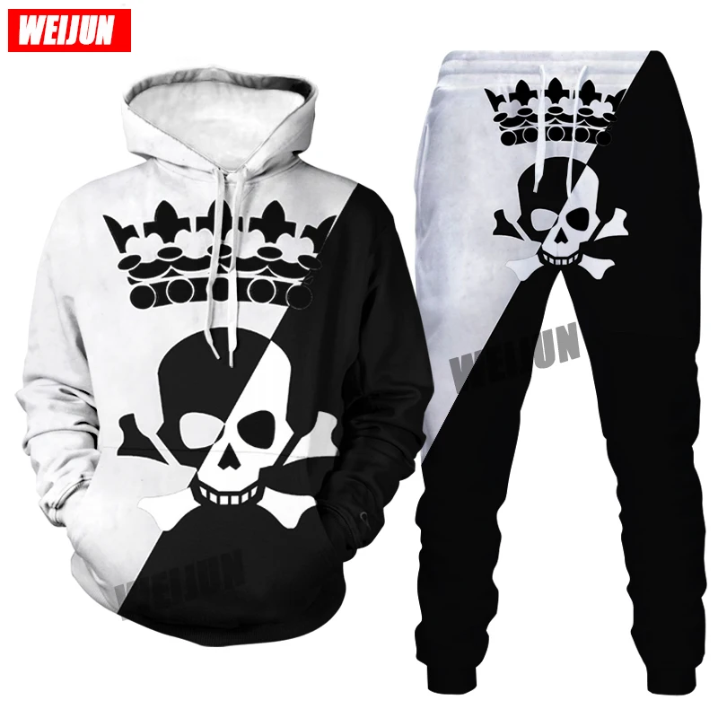 

3D Printing Fashion Hoodie Men's Casual Hoodie + Pants Two-piece Sports wear Trendy letter skull Sport fitness Suit