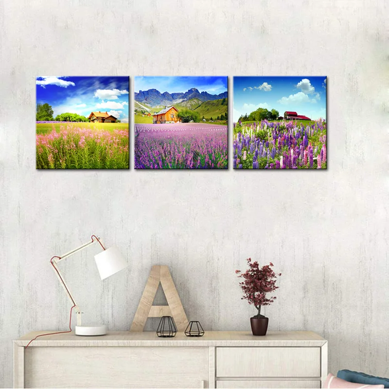 

Flowers Canvas Painting Lavender Flower Field Wall Art Poster 3 Pieces Beautiful Farm HD Print Modern Home Decor Picture