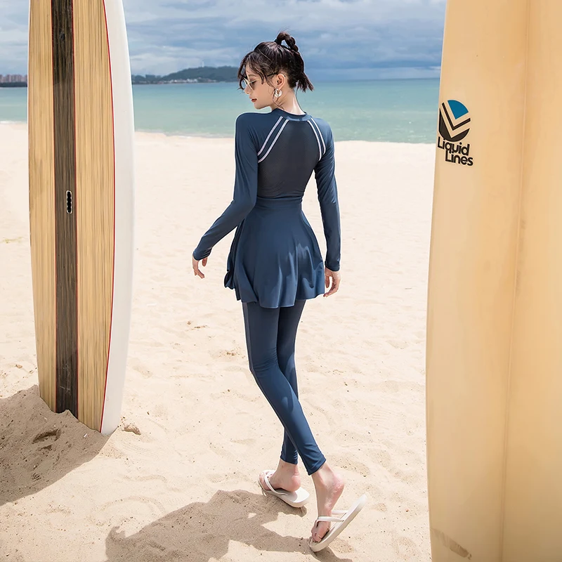 

Sport Full Sleeve Zipper Highneck 1 Piece Swimsuit Women Swimwear Female Solid Surfing Bathing Suit Long Pant With Skirt Muslim
