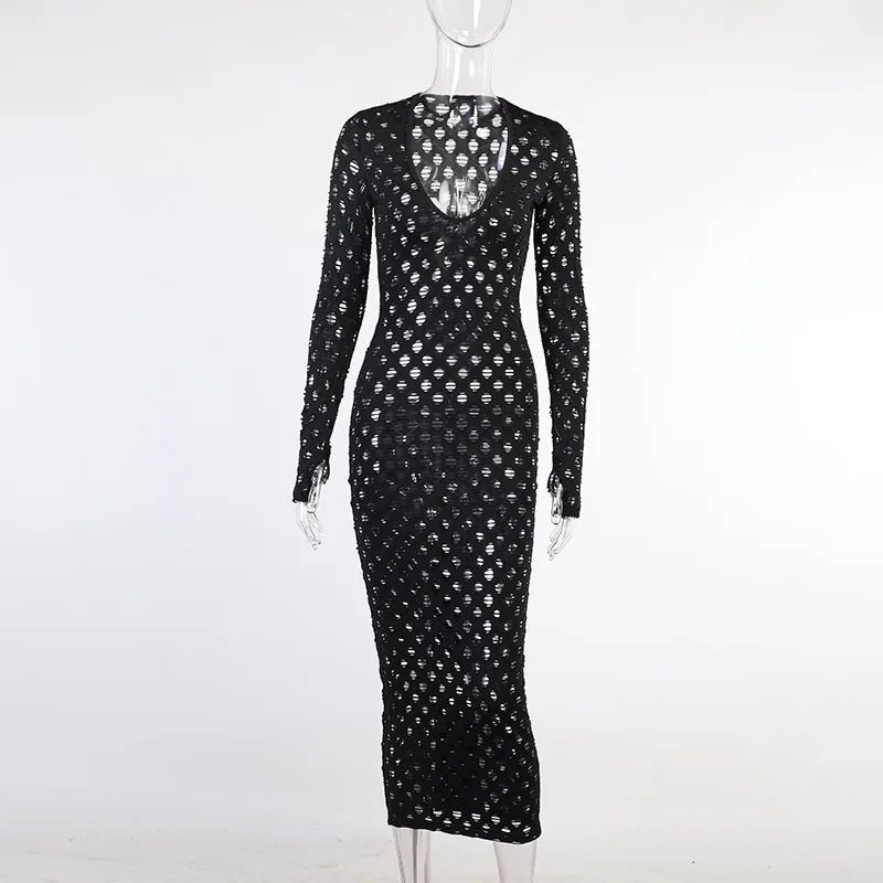

Hollow Out Skinny Long Women Dress Bodycon Long Sleeve Sexy Hot Midnight Clubwear Party Maxi Dresses Transparent Party Dress