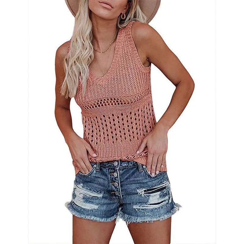 

women's summer knit tank top fashion V neck hollow out y2k Top camis pulovers debardeur femmes haut femme poleras mujer 2021 hot