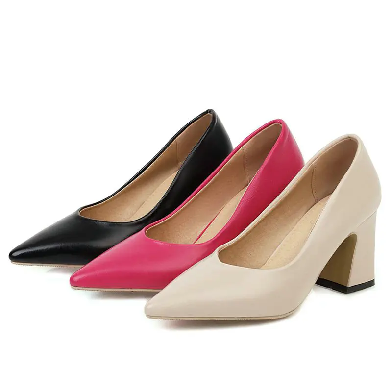 

COOLULU Size 34-43 Fashion Pointed Toe Women Pumps Shoes Square High Heel All Match Hot Pink Women Pumps Slip on Casual Shoes